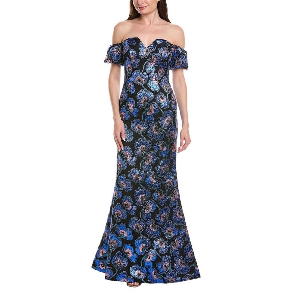 Rene Ruiz Womens  Off-The-Shoulder Printed Mikado Column Gown, Navy